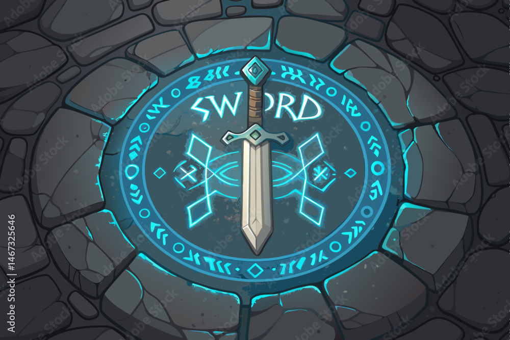 Poster create a fantasy rpg game background vector featuring a bold, prominent sword, incorporating dark fa