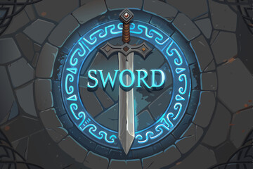 Create a fantasy RPG game background vector featuring a bold sword, incorporating rich textures and vibrant colors suitable for game UI.