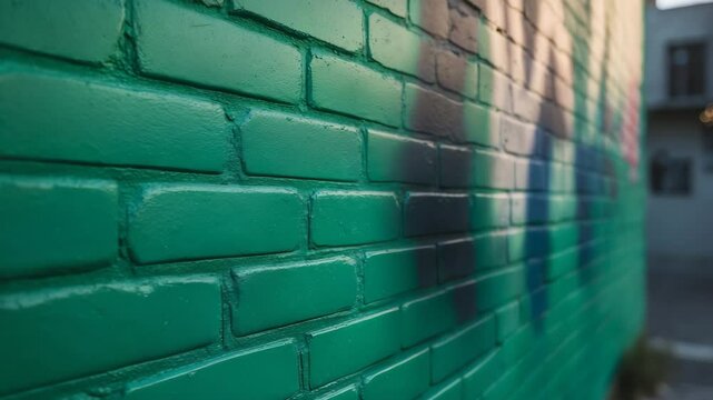 Painted green brick wall featuring art