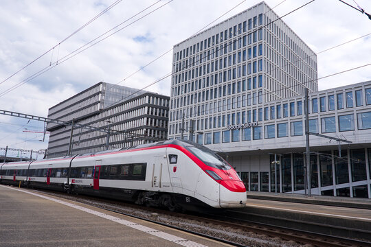 Stadler train with coat of arms of Canton Glarus parked at Hauptbahnhof main railway station of Swiss City of Z&uuml;rich on a cloudy spring day. Photo taken May 8th, 2025, Zurich, Switzerland.