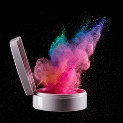 Colorful powder explosion from open white container on black background