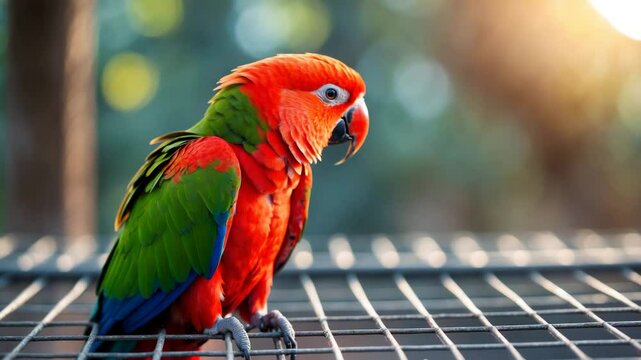 Intimate shot of an exquisite red parrot on a grid