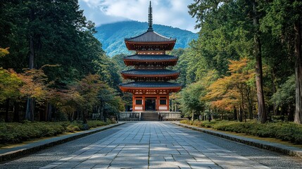 Autumnal Pagoda in a serene Japanese forest