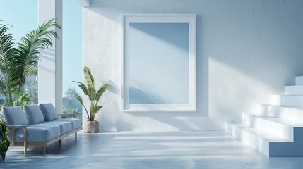 Bright and Airy Minimalist Interior with Large Frame and Green Plants