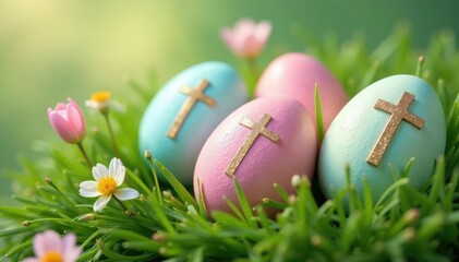 Fototapeta premium Pastel-colored Easter eggs decorated with resurrection symbols, nestled in spring grass , victory, springtime, Easter