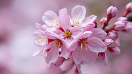 Obraz premium Delicate pink blossoms cluster on a branch, surrounded by blurred pink background. Several unopened buds are also visible