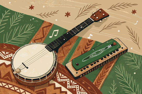 Create a vibrant illustration of a folk music scene featuring a banjo and harmonica, rendered in bold, graphic style.  Include rich textures and color.