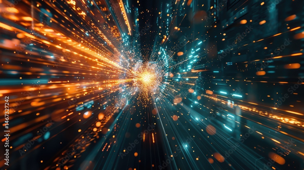 Poster futuristic digital tunnel with glowing particles. neon and electric colors creating a sense of depth