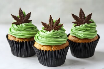 Delicious cannabis infused cupcakes decorated with chocolate marijuana leaf on white background