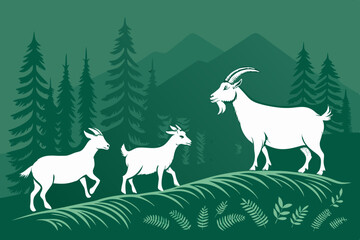 Design a minimalist banner featuring bold vector illustrations of goats on a farm.  The style should be clean and modern, suitable for a goat farm's branding.