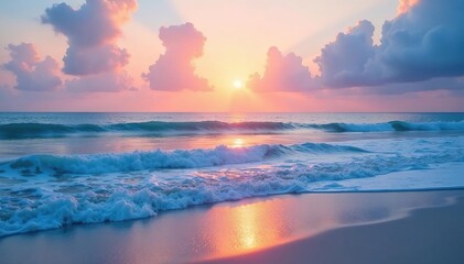 First light illuminates tranquil ocean, soft pastel hues , morning, scenic