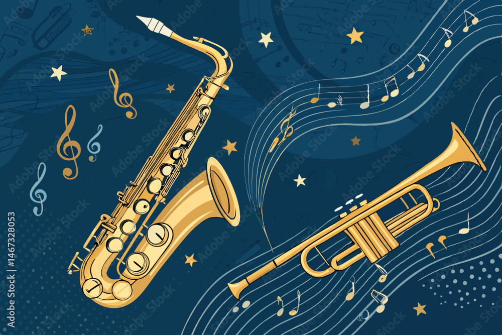 Poster create a vibrant vector background featuring a gold saxophone, musical notes, and abstract jazz-insp