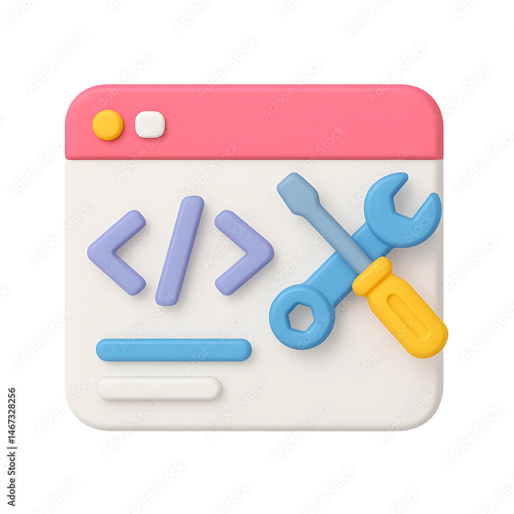 Poster creative 3d technology icon with coding symbols and tools on a transparent background for digital bu
