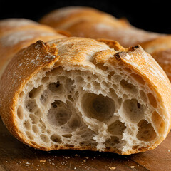 Detailed close-up photograph of a halved baguette, showcasing its light and airy crumb texture with large holes, resting on a wooden surface with a dark background.