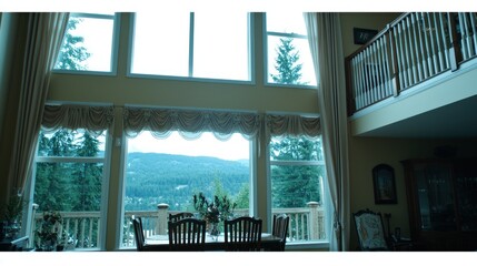 Large windows showcasing a mountain vista in a luxurious home.
