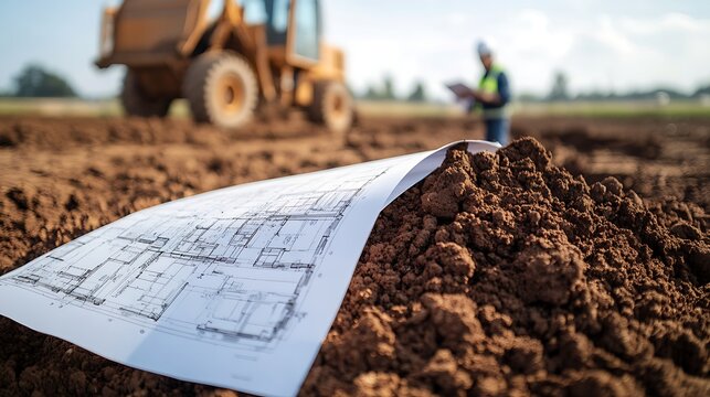 tight shot of a pile of soil being moved by a backhoe, deep trench visible, construction workers reviewing blueprints, clear blue sky above