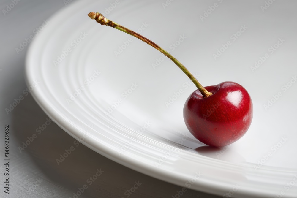 Poster cherry stem gracefully resting on the edge of a simple white plate in a bright setting generative ai