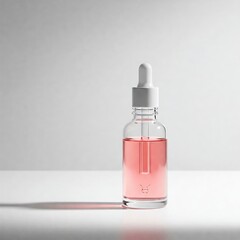 Fototapeta premium Glass dropper bottle with pink liquid on white background