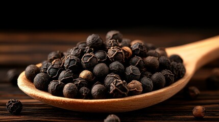 Fototapeta premium Black peppercorns in wooden spoon. Close-up view of whole peppercorns. Dark background