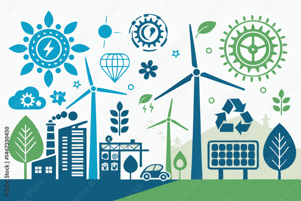 Poster create a modern, abstract vector background featuring stylized wind turbine icons, emphasizing clean