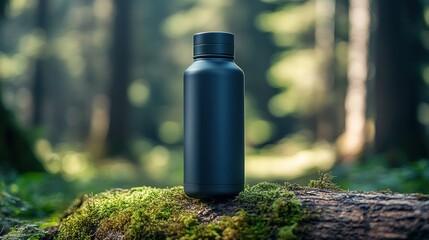 Black water bottle on forest log