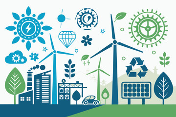 Create a modern, abstract vector background featuring stylized wind turbine icons, emphasizing clean energy and sustainability.  Include gradients and geometric shapes.