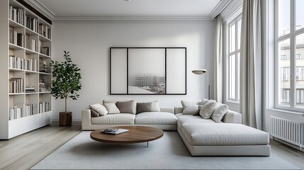 Modern living room with bookshelves, sofa, and art.