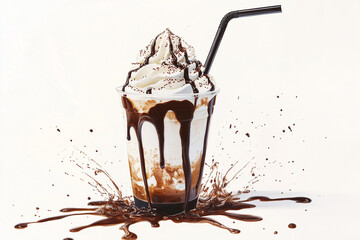 Ice cream frappuccino topped with layered structure as whipped cream and rich chocolate drizzle,  drink sits in a transparent cup against a clean white background.