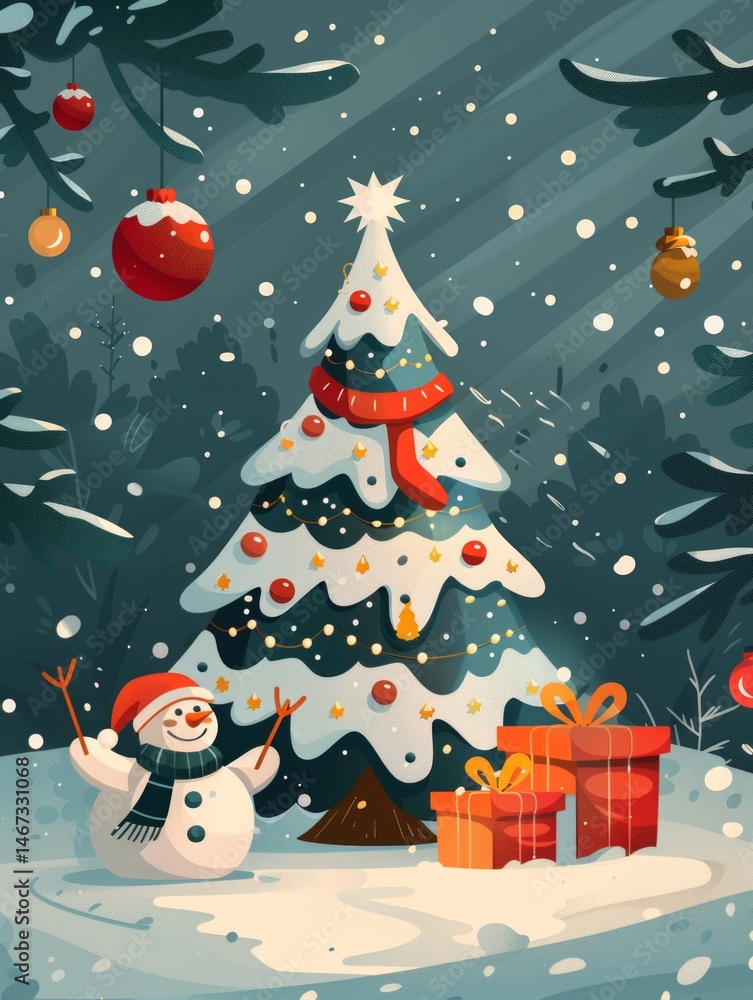 Poster christmas card in retro style. a snowman stands in front of a christmas tree with a red box next to 
