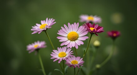 Macro shot of daisies in a green field with soft bokeh background, vibrant colors