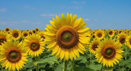 Obraz premium Yellow sunflowers in a row with a blue sky, close-up composition for stock image