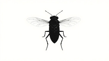A silhouette of a black fly with translucent wings and six legs on a white background is displayed created with generated ai