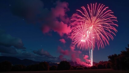 Vibrant fireworks flash illuminating the night sky , outdoor, bright, night