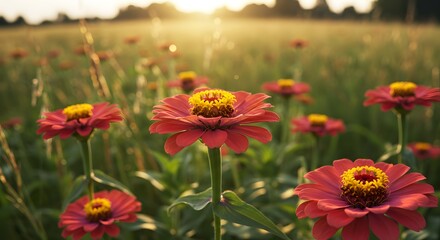 Fototapeta premium Wide-angle macro of blooming zinnias in a field, warm natural lighting