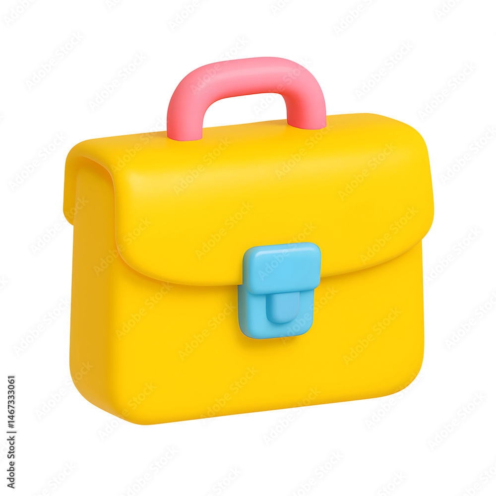 Poster modern 3d icon representing a bright yellow business briefcase with a pink handle and blue latch on 