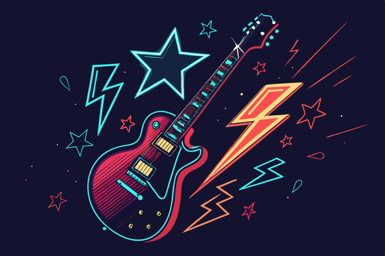 Design a vibrant vector poster for a rock concert featuring a bold, stylized electric guitar. Include space for band name, date, and venue. - Powered by Adobe