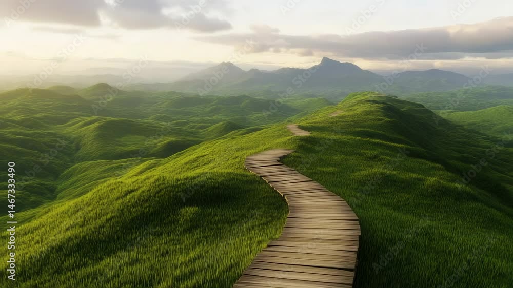 Poster wooden path winding its way through rolling green hills, bathed in the warm glow of the setting sun,