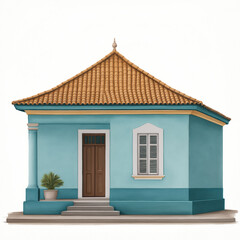 Charming small house with blue exterior, brown wooden door, white window shutters, and terracotta tiled roof, featuring single column and potted plant by entrance