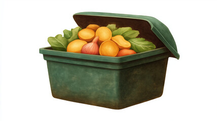 Compost bin filled with various food scraps including vegetables and leafy greens, illustrating eco friendly waste management and organic recycling at home