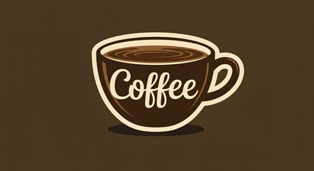 Obraz premium Minimalist clip art of a coffee cup with steam rising and the word “coffee” integrated, ideal for cafe logos, packaging, or branding templates.