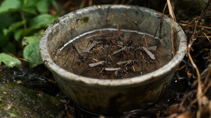Obraz premium Mosquitoes breeding in a small bowl of stagnant water outdoors.
