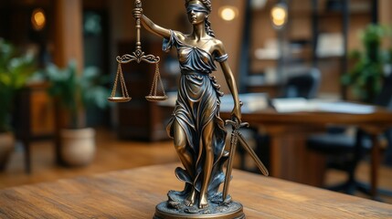 Bronze statue of Lady Justice, scales and sword, on wooden table