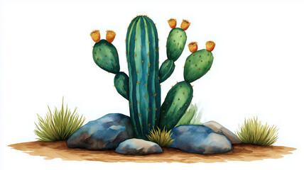 Watercolor painting of desert landscape featuring tall green cactus with yellow flowers, surrounded by rocks and desert grass, evoking calm and natural desert scene