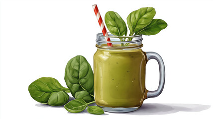 Fresh green smoothie in glass jar with handle, decorated with spinach leaves and red and white striped straw, offering healthy and refreshing drink option