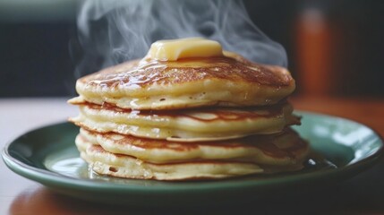 Steaming stack of golden pancakes topped with melting butter on a green plate.