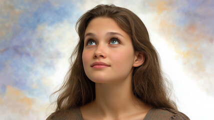 Young woman with long brown hair looks upward with hopeful gaze, her blue eyes bright against soft, colorful background that blends blue, white, and warm tones