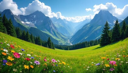 Obraz premium Serene alpine meadow nestled amongst towering mountains, wildflowers in bloom , vibrant, majestic, natural beauty