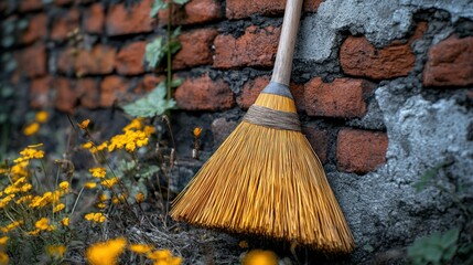 Broom leaning against a brick wall, surrounded by flowers