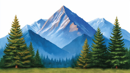 Watercolor painting of mountain range with tall pine tree forest in foreground, showing blue and brown shaded peaks under clear sky, evoking calm and natural beauty
