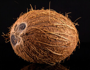 coconut with hair isolated on black background